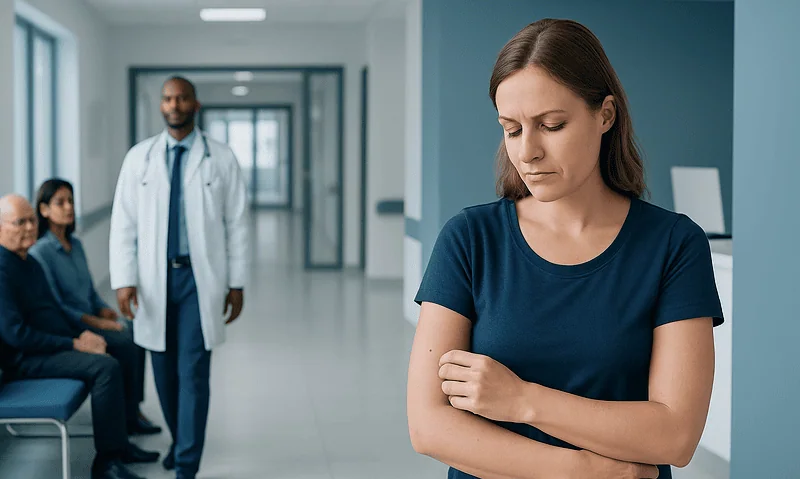 Woman with a pimple looks worried in a hospital corridor.
