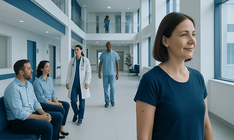 Healthcare professionals and patient in modern hospital corridor.