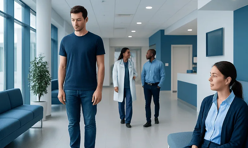 Young man waiting in hospital corridor with medical staff nearby.