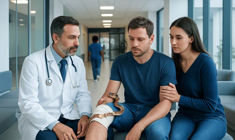 Doctor examining a snake bite on a patient's leg in a hospital corridor.