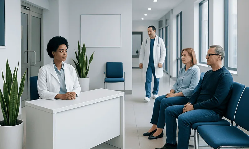 Medical consultation in a modern hospital waiting area with doctor and patients.