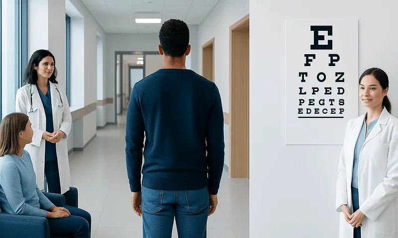 Patient undergoing eye exam at Acibadem Hospital with eye chart in background.