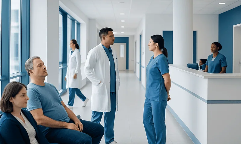 Medical team consulting patients in a modern hospital corridor.