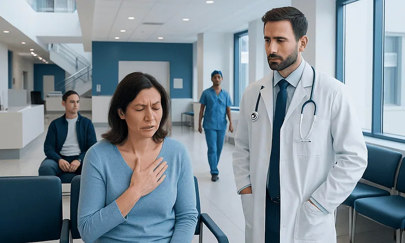 Doctor examining a woman with chest pain in a hospital waiting area.