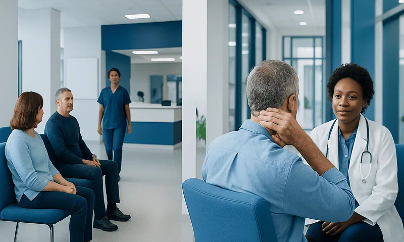 Doctor consulting with elderly patient in hospital setting.