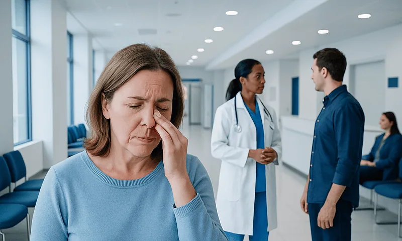 Woman with nose pain in a hospital waiting area with medical staff nearby.