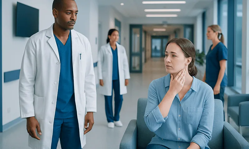 Patient experiencing sore throat in hospital corridor with medical staff nearby.