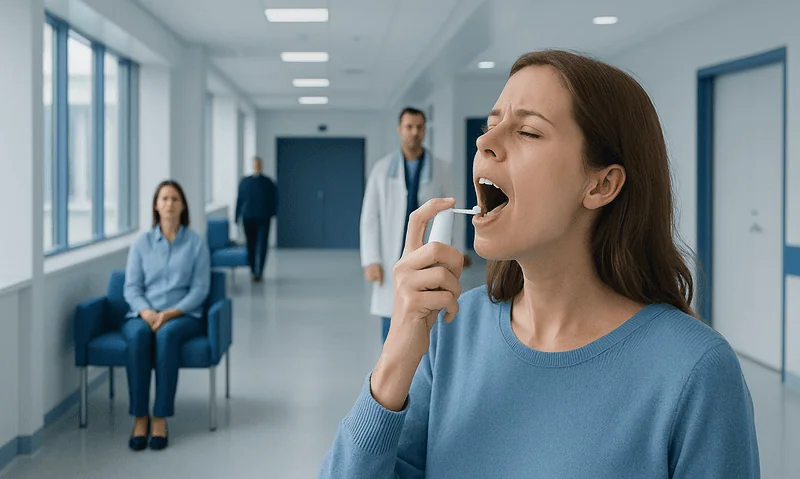 Young woman using inhaler in hospital corridor with medical staff.