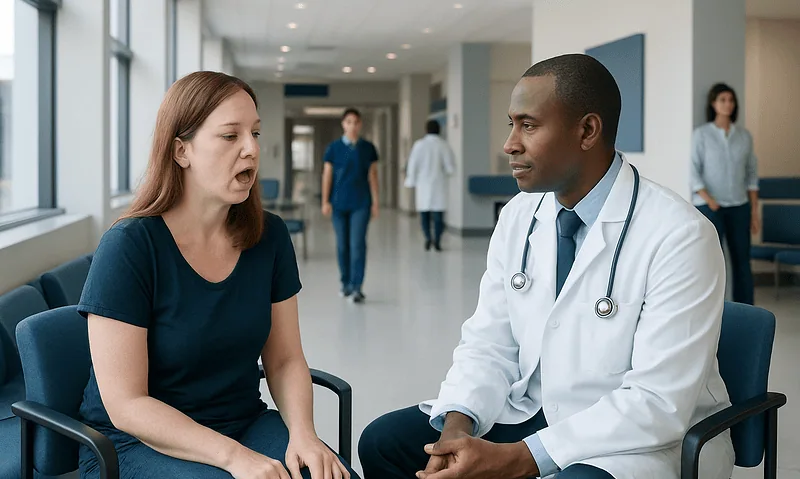 Doctor examining a woman with sore throat in hospital corridor.