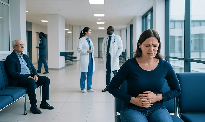 Woman experiencing stomach pain in hospital waiting area with medical staff nearby.
