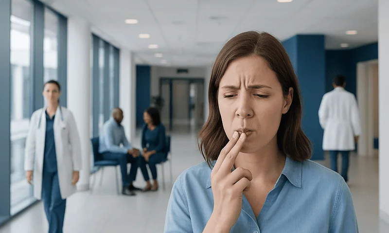 Woman with a sour taste expression in a hospital corridor.