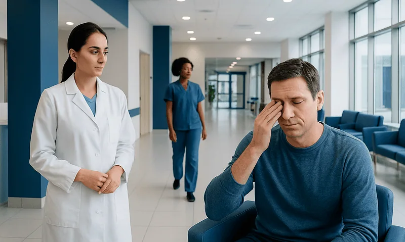 Patient experiencing eye spasm in hospital corridor with medical staff nearby.