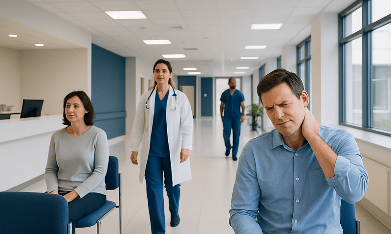 Patient experiencing neck pain in a hospital corridor with medical staff nearby.