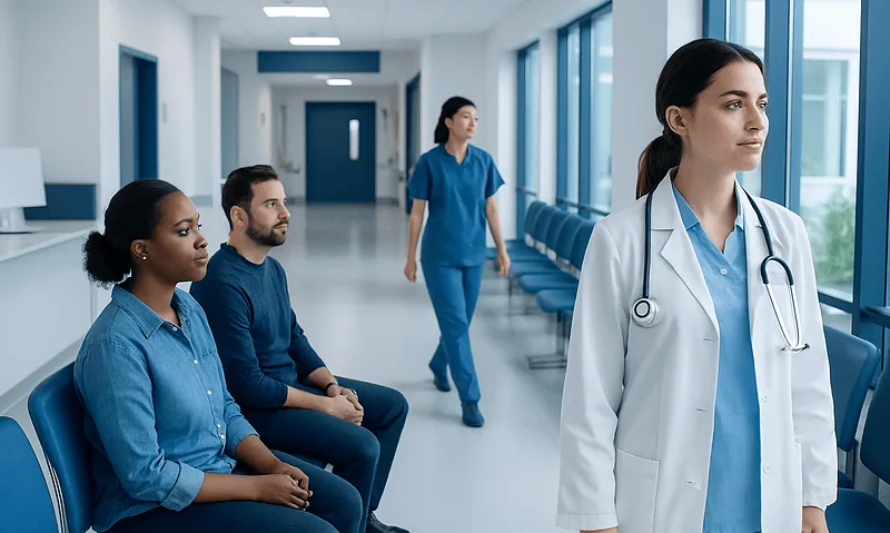 Healthcare professionals waiting in a hospital corridor with a doctor in the foreground.