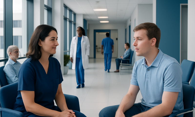 Speech therapist consulting a young patient in a hospital corridor.