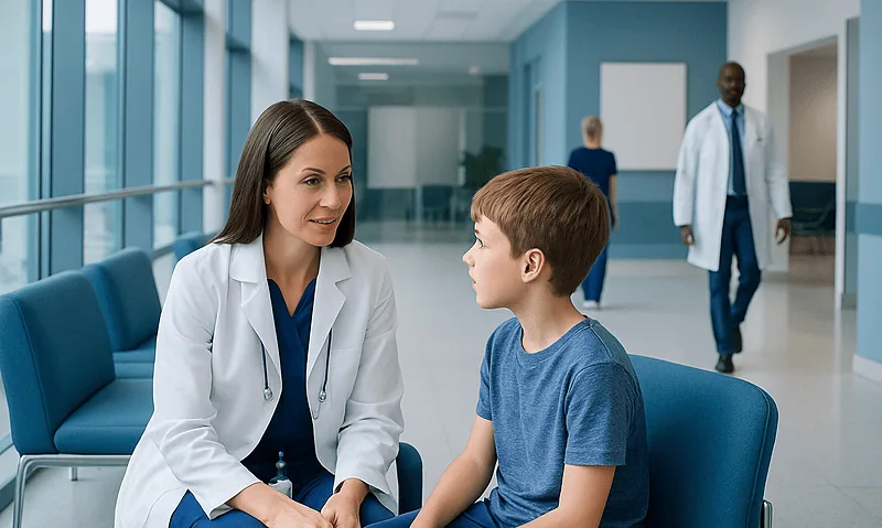 Speech therapist consulting with a young boy in a hospital corridor.
