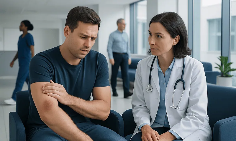 Patient showing arm pain to doctor in hospital setting.