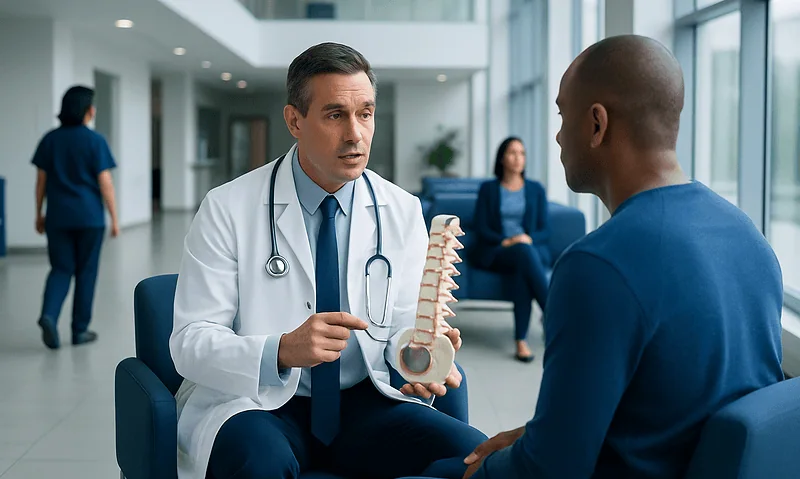 Doctor explaining spinal anatomy to patient in hospital setting.