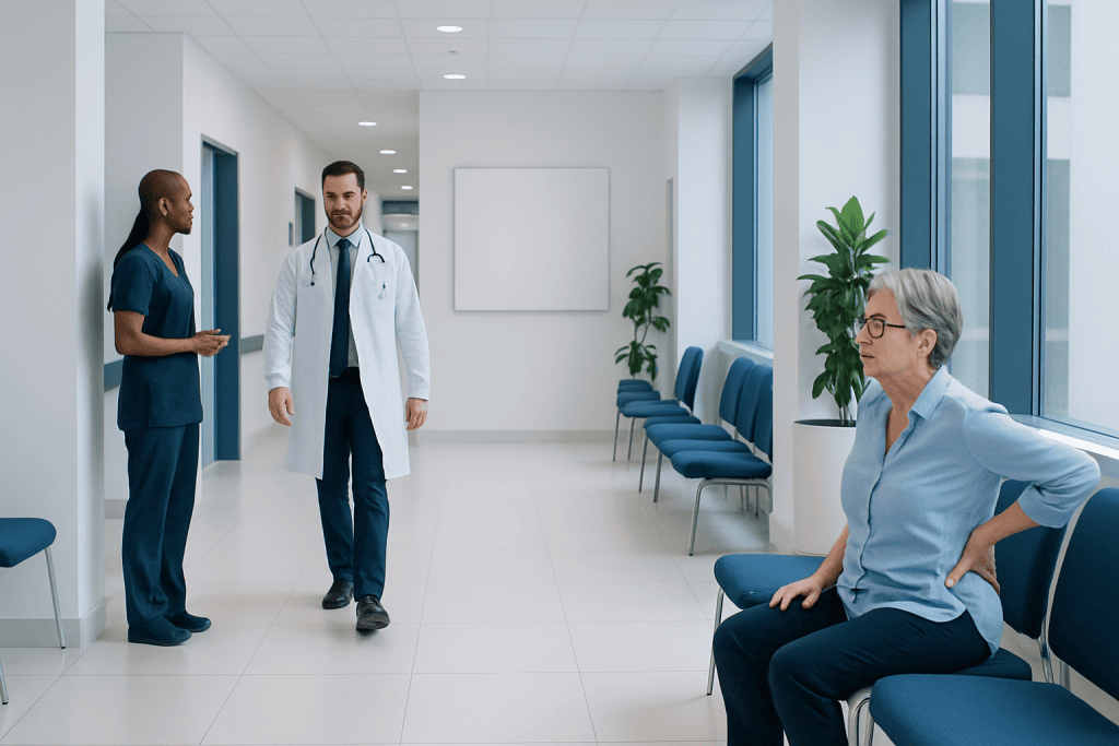 Spinal Infection Symptoms: When Back Pain Could Be an Emergency 1 Medical consultation in hospital corridor with doctor, nurse, and patient.