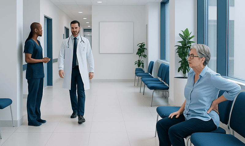 Medical consultation in hospital corridor with doctor, nurse, and patient.