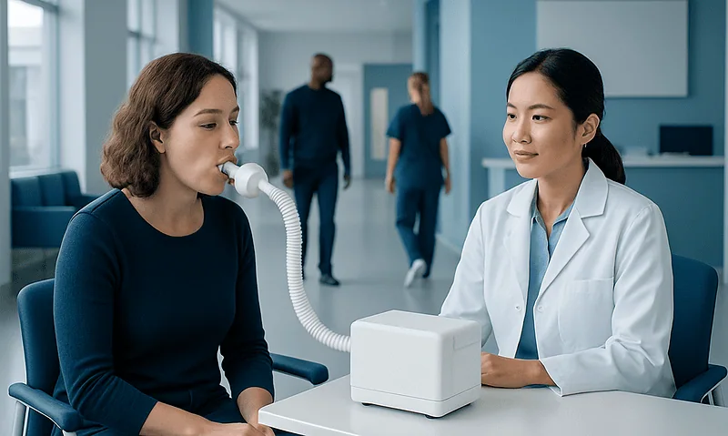 Patient using spirometer during lung function test at hospital.