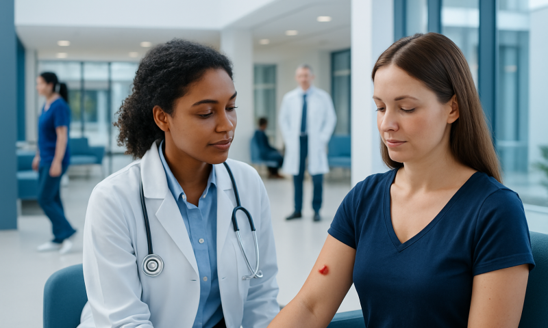 Doctor examining a patient's arm in a modern hospital setting.
