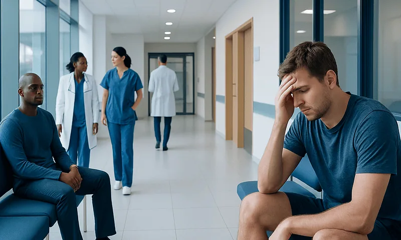 Young man with headache in hospital waiting area with medical staff nearby.