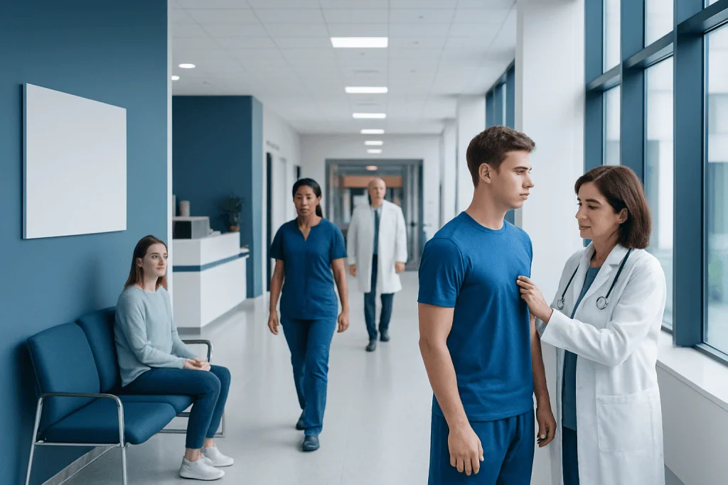 Sports Physical — Explained by Medical Evidence, Not Myths 1 Medical professionals examining a young male patient in hospital corridor.