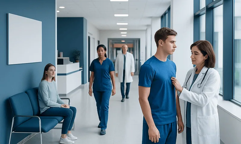 Medical professionals examining a young male patient in hospital corridor.