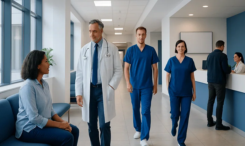 Medical team and patient in hospital corridor at Acibadem Hospitals Group.