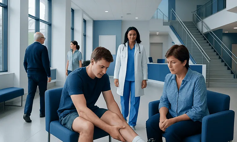 Young man receiving medical examination for ankle injury at hospital.