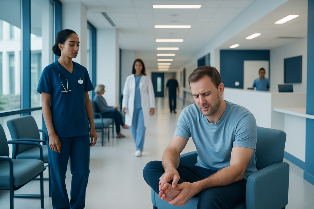 Sprained Toe — Explained by Medical Evidence, Not Myths 1 Patient with foot pain in hospital corridor, healthcare staff nearby.