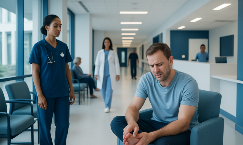 Patient with foot pain in hospital corridor, healthcare staff nearby.