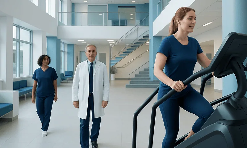 Female patient using treadmill in modern hospital gym.