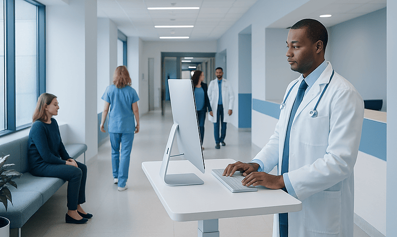 Doctor using a computer in a hospital corridor with patients and staff nearby.