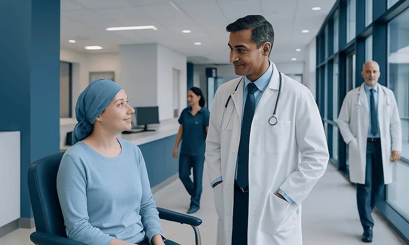 Doctor talking to a patient in a hospital corridor.