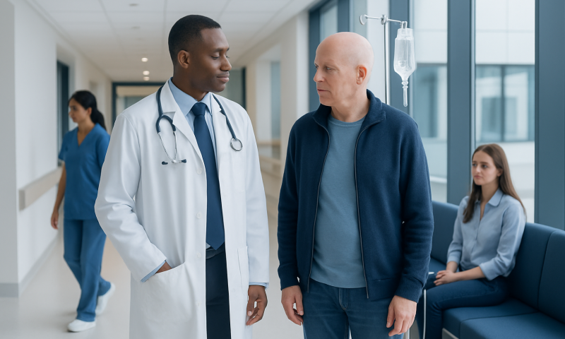 Doctor consulting with a patient in a hospital corridor.