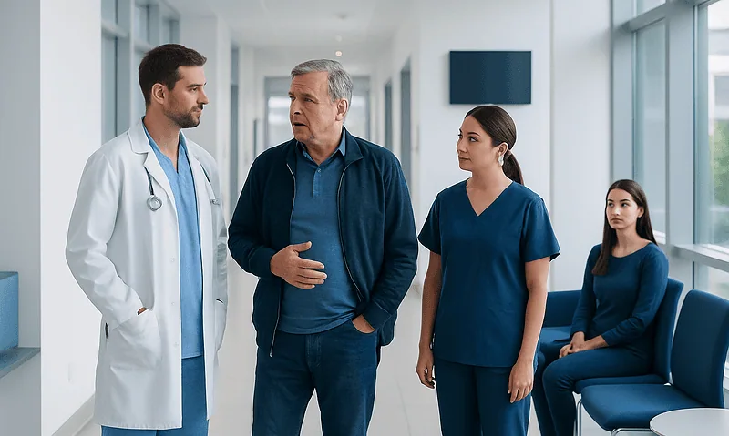 Doctor consulting with a patient in a hospital corridor.