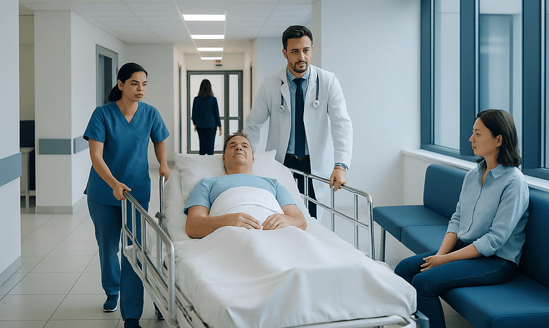 Hospital staff attending to a patient in a modern medical facility.
