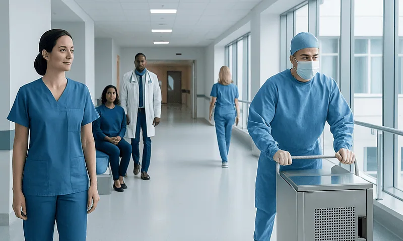 Healthcare professionals in a hospital corridor with sterilization equipment.