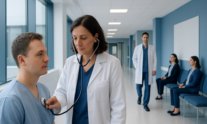 Doctor examining patient with stethoscope in hospital corridor.
