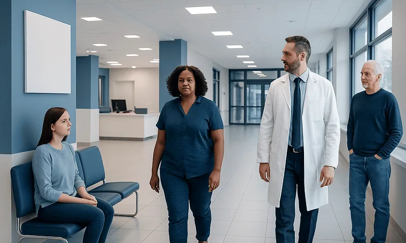 Medical consultation in a modern hospital corridor with diverse staff and patient.