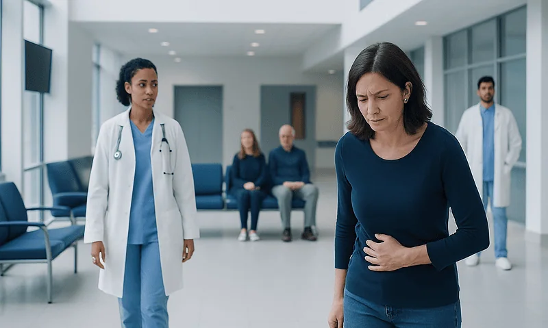 Woman with stomach pain in hospital corridor with medical staff and patients.