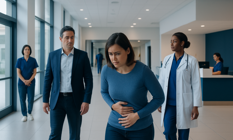 Woman with stomach pain in hospital corridor with medical staff nearby.