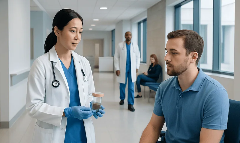 Doctor explaining stool test to patient in hospital corridor.