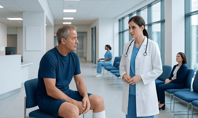 Doctor consulting a patient in a hospital corridor.