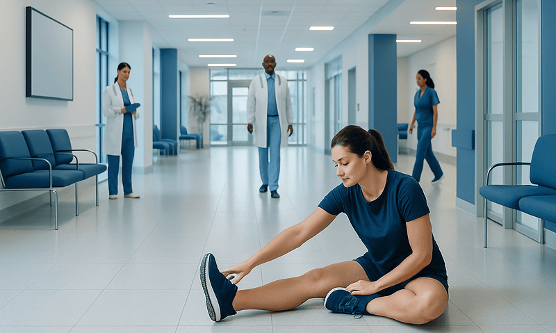 Young woman stretching in hospital corridor after workout.