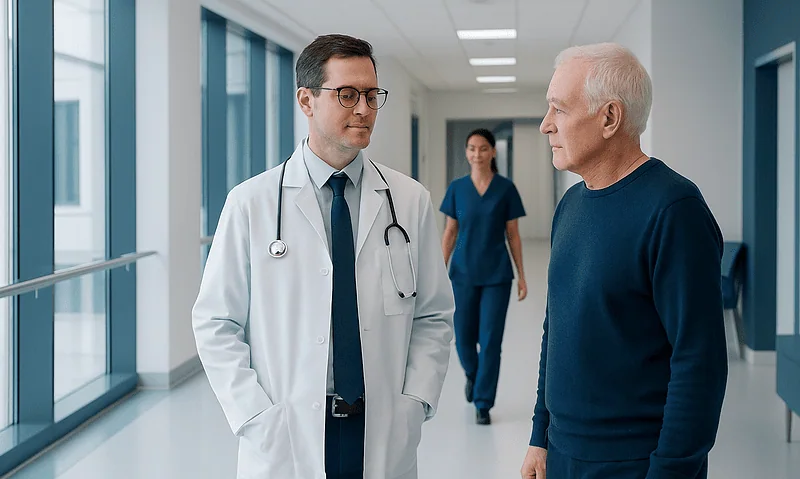 Doctor consulting an elderly patient in a hospital corridor.
