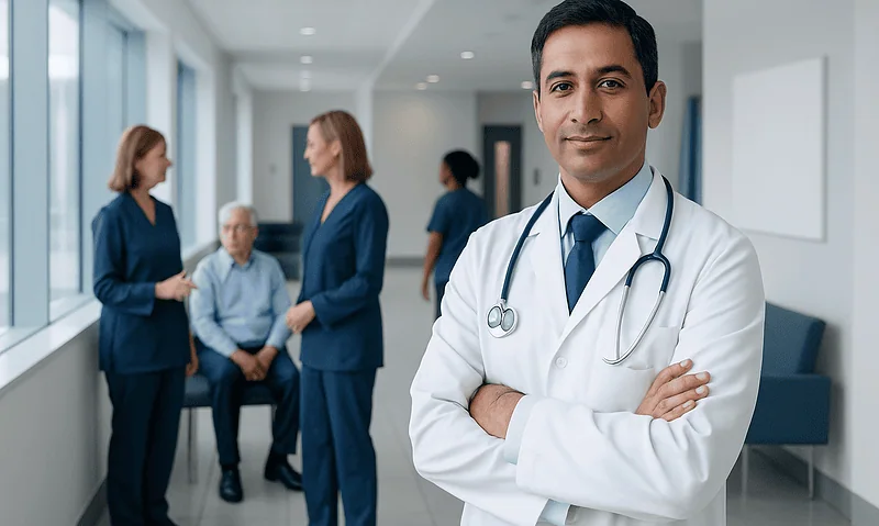 Doctor with stethoscope in hospital corridor with patients and staff.