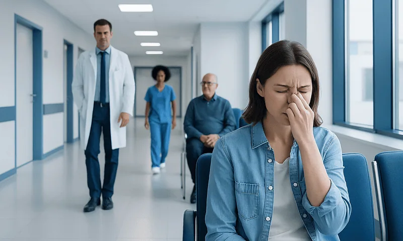 Young woman with a stuffy nose in a hospital waiting area.